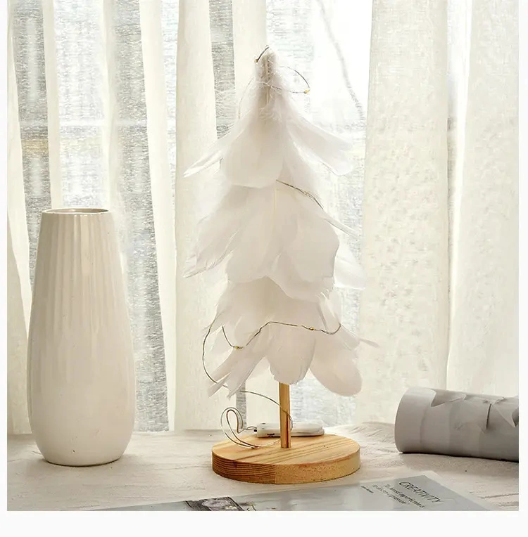 Prelit Tabletop Christmas Tree Wooden Miniature Christmas Feather Tree Warm LED Lights for Home and Office Christmas Decoration